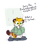  2025 ace_(boredomwithfriends) after_transformation age_regression ambiguous_gender anthro black_nose blush blush_lines boredomwithfriends bottomwear bottomwear_down brown_body brown_ears brown_fur brown_stripes brown_tail brown_tail_tip clean_diaper clothed clothing dialogue diaper dipstick_tail ellipsis english_text felid full-length_portrait fur green_clothing green_shirt green_topwear hi_res jeans_down looking_down mammal markings multicolored_body multicolored_fur multicolored_tail offscreen_character open_mouth oversized_clothing oversized_shirt oversized_topwear pantherine pants pants_down partially_clothed portrait shirt simple_background snaggle_tooth solo standing striped_body striped_fur stripes tail tail_markings tan_body tan_fur text tiger topwear wearing_diaper white_inner_ear yellow_body yellow_fur yellow_tail 