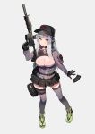  1girl assault_rifle bangs black_legwear black_skirt blunt_bangs blush breasts cleavage cleavage_cutout clothes_writing eyebrows_visible_through_hair facial_mark full_body girls_frontline gloves green_eyes grey_background gun h&amp;k_hk416 hair_ornament hat headphones heckler_&amp;_koch highres hk416_(girls_frontline) holding holding_gun holding_weapon ihobus jacket large_breasts long_hair looking_at_viewer plaid plaid_skirt pouch reloading rifle shoes silver_hair simple_background skindentation skirt sneakers solo teardrop thigh_strap thighhighs turtleneck very_long_hair weapon 