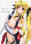  armor breasts cyclone fate_testarossa mahou_shoujo_lyrical_nanoha nipples no_bra open_shirt pantsu tagme weapon 