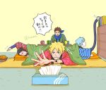  1girl 3boys bandana bandana_around_neck basket black_hair blonde_hair blue_eyes blue_hair book boruto:_naruto_next_generations brown_hair clenched_teeth commentary_request cup extendable_limbs facial_mark food fruit glasses highres kotatsu mandarin_orange matsu_(fu6ide2) mitsuki_(naruto) mug multiple_boys naruto_(series) opaque_glasses reaching sarutobi_konohamaru sleeves_past_wrists snot spiked_hair sweat table team_7_(boruto) teeth tissue_box translation_request twitter_username uchiha_sarada under_kotatsu under_table uzumaki_boruto whisker_markings yellow_eyes 