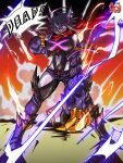  1girl ahoge armored_boots artist_logo black_bodysuit blonde_hair bodysuit boots breasts clawed_gauntlets clenched_teeth clothing_cutout deadzone_(duel_masters) duel_masters duel_masters_play's electricity eye_trail facial_tattoo gauntlets gloves glowing glowing_eyes highres jacket large_breasts leg_tattoo light_trail logo medium_hair multicolored_hair navel navel_cutout open_clothes open_jacket purple_gloves purple_hair purple_jacket red_eyes red_scarf scarf shoulder_tattoo single_gauntlet smile smoke solo speech_bubble stomach_tattoo tattoo teeth yoshi_type-a 