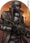  1other belt black_belt black_gloves black_pants brown_coat bulletproof_vest character_name chinese_commentary coat commentary_request courier_(fallout:_new_vegas) cowboy_shot duster_coat fallout fallout:_new_vegas finger_on_trigger fingerless_gloves gas_mask gloves gun helmet holding holding_gun holding_weapon mask ncr_veteran_ranger open_clothes open_coat other_focus pants radio_antenna rifle scope sniper_rifle solo standing tower weapon yqqqqa 