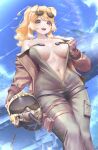  1girl absurdres aircraft airplane animal_ears blonde_hair blue_sky bodysuit bonnie_barkswell dog_ears eufrik eyewear_on_head globie green_eyes helmet highres holding holding_unworn_helmet jacket military_uniform navel no_bra open_clothes pilot_helmet pocket ponytail sky smile unworn_headwear unworn_helmet unzipped yellow_jacket 