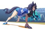  1girl animal_ears baseball baseball_mitt blue_eyes blue_hair blue_shorts blush ear_covers ear_ornament hair_between_eyes highres horse_ears horse_girl horse_tail jacket leaning_forward long_hair mole mole_under_eye multicolored_hair nishiki_kazue open_mouth pitching shirt shoes shorts single_ear_cover socks sweat tail umamusume verxina_(umamusume) white_shirt white_socks 