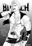  1boy abs arrancar bleach copyright_name eyeliner fangs grimmjow_jaegerjaquez highres hole_in_stomach hollow_mask lllistn makeup male_focus mask open_mouth pectorals scar scar_on_chest short_hair solo teeth toned toned_male translation_request twitter_username 