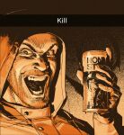  1boy beard can energy_drink facial_hair fukurau holding holding_can hood hood_up hooded_jacket jacket looking_at_viewer male_focus meme monochrome non_stop_energy open_mouth orange_theme scar_(stalker) smile snapchat snapchat_kill_guy_(meme) solo stalker_(game) stalker_2:_heart_of_chornobyl upper_body v-shaped_eyebrows 