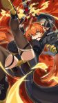  1girl absurdres asymmetrical_gloves beret brown_thighhighs casa_chushouye curled_horns fire gloves green_eyes hat highres horns long_hair magus_(zenless_zone_zero) mechanical_tail mismatched_gloves orange_hair orphie_magnusson pointy_ears tail thighhighs twintails zenless_zone_zero 