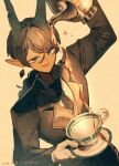  1boy arm_up black_hair black_jacket black_necktie cup dated hashtag-only_commentary highres holding holding_plate holding_teapot horns jacket jimini_shijimi long_hair looking_at_viewer male_focus necktie oni original parted_lips plate pouring simple_background smile standing suit_jacket teacup teapot upper_body white_background wing_collar you're_doing_it_wrong 