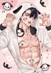  1boy abs animal_ears animal_hood black_hair dog_ears dog_hood earrings genshin_impact grey_eyes hair_between_eyes hood hood_up jewelry long_sleeves male_focus multicolored_hair muscular muscular_male navel open_clothes open_mouth open_shirt rourouki scar scar_on_chest scar_on_neck short_hair solo sticker sticker_on_face stomach streaked_hair tongue tongue_out white_hood wriothesley_(genshin_impact) 