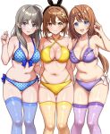  3girls ahoge ass_visible_through_thighs atelier_(series) atelier_resleriana atelier_ryza atelier_totori bikini black_bow blue_bikini blue_eyes blue_theme blush bow breasts brown_eyes brown_hair cheenosuke cleavage commentary_request cowboy_shot criss-cross_straps frilled_bikini frills hair_between_eyes hair_bow hair_ornament hairclip in-franchise_crossover long_hair looking_at_viewer medium_breasts multiple_girls navel open_mouth polka_dot polka_dot_bikini purple_bikini purple_eyes purple_thighhighs reisalin_stout resna_sternenlicht sidelocks simple_background smile standing swimsuit teeth thighhighs totooria_helmold upper_teeth_only very_long_hair white_background white_bow yellow_bikini yellow_theme 