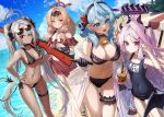  4girls :d absurdres ahoge ako_(blue_archive) alternate_costume ass_visible_through_thighs beach beach_umbrella bell bikini black_bikini black_bow black_choker black_gloves black_scrunchie black_wings blue_archive blue_eyes blue_hair blue_halo blue_sky blush bolt_action bow breasts chinatsu_(blue_archive) choker cleavage cloud collar covered_navel cowbell dark-skinned_female dark_skin day demon_horns demon_tail demon_wings drink drinking_straw earrings eyewear_on_head flat_chest frilled_bikini frills gloves grey_hair grey_halo gun hair_bow hair_ornament hair_over_one_eye hair_over_shoulder hairclip half_gloves halo hand_on_own_hip hand_up highres hina_(blue_archive) hina_(swimsuit)_(blue_archive) holding holding_drink holding_gun holding_pen holding_weapon horns innertube iori_(blue_archive) iori_(swimsuit)_(blue_archive) jewelry kokukyukeo large_breasts long_hair looking_at_another looking_at_viewer low_wings mauser_98 medium_breasts medium_hair multiple_girls multiple_horns name_tag navel no_eyewear ocean off-shoulder_bikini off_shoulder official_alternate_costume old_school_swimsuit one-piece_swimsuit one_side_up outdoors pen pointy_ears prefect_team_(blue_archive) purple_eyes purple_hair red_bikini red_eyes red_halo red_sarong rifle sand sarong school_swimsuit scrunchie see-through_clothes sky smile standing sweat swim_ring swimsuit swimsuit_cover-up tail thigh_gap thigh_strap twintails umbrella very_long_hair weapon wings wrist_scrunchie yellow_eyes 