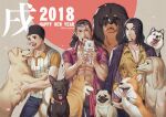  2018 3boys abs afghan_hound animal bare_pectorals black_hair black_hat chinese_zodiac commentary_request dog facial_hair foxvulpine fu_manchu_(mustache) goatee golden_retriever happy_new_year hat holding holding_animal holding_dog husky jabra_(one_piece) jacket jacket_on_shoulders kaku_(one_piece) long_mustache long_nose male_focus multiple_boys mustache one_piece open_clothes open_shirt pectorals pink_shirt pomeranian_(dog) pug rob_lucci scar scar_across_eye scar_on_face shiba_inu shirt tibetan_mastiff v-shaped_eyebrows welsh_corgi white_shirt year_of_the_dog yellow_shirt 
