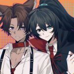  2boys animal_ears aqua_eyes black_eyes black_hair brown_hair closed_mouth collared_shirt commentary dark-skinned_male dark_skin fang hair_between_eyes hair_intakes halloween_costume heathcliff_(project_moon) heterochromia highres hong_lu_(project_moon) iro_(kakerairo) kemonomimi_mode limbus_company long_hair long_sleeves male_focus multiple_boys multiple_scars mystical_high_collar necktie open_mouth orange_background ponytail project_moon purple_eyes red_necktie red_ribbon ribbon scar scar_on_chest scar_on_face shirt smile suspenders symbol-only_commentary white_shirt wolf_ears 
