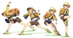  1girl backpack bag ball baseball baseball_(object) baseball_cap baseball_mitt blush brown_eyes brown_hair brown_shorts closed_mouth green_socks hair_between_eyes hat highres hood hooded_jacket jacket long_sleeves nishiki_kazue open_clothes parted_lips pitching satake_mei shirt shoes short_hair shorts socks standing standing_on_one_leg throwing umamusume white_shirt yellow_hat yellow_jacket 