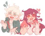  1boy 1girl aeymii apron bandaged_arm bandaged_hand bandages blush commentary crazy_eyes cropped_torso crying crying_with_eyes_open danganronpa_(series) danganronpa_2:_goodbye_despair drooling english_commentary eyelashes green_eyes green_jacket heart heart-shaped_pupils highres jacket komaeda_nagito lightning_bolt_symbol long_hair long_sleeves nose_blush open_clothes open_jacket open_mouth pink_shirt purple_eyes purple_hair saliva shirt short_hair short_sleeves simple_background smile sweat symbol-shaped_pupils tears tsumiki_mikan wavy_eyes white_apron white_background white_hair white_shirt 