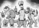absurd_res anthro balls bedroom_eyes belt bracelet brush clothing collar comb_(brush) digital_media_(artwork) dragon_koopa erection eyewear fangs feet fingers foreskin genitals gesture glasses group hair hairbrush half-closed_eyes half-erect hand_gesture hi_res holding_brush holding_comb holding_hairbrush holding_object humanoid_genitalia humanoid_penis iggy_koopa jewelry koopa koopaling larry_koopa legband looking_at_viewer male mario_bros middle_finger monochrome narrowed_eyes nintendo penis roy_koopa scalie seductive shell shirt simple_background smile spiked_bracelet spiked_collar spiked_legband spikes sunglasses tail tank_top teeth tight_foreskin toes topwear trio tush_(artist) utility_belt v_sign wearing_glasses
