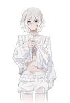  1boy androgynous black_eyes dungeon_meshi hair_between_eyes highres male_focus messy_hair mithrun navel scar shirt short_hair shorts simple_background solo standing wavy_hair white_background white_hair white_shirt white_shorts zo_na 