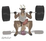 anthro antlers athletic athletic_male athletic_wear balls barbell_squats big_balls big_penis bodily_fluids bottomwear clothing deer dildo dildo_sitting drooling erection erection_through_clothing erokaiga exercise exercise_clothing foreskin genitals gym_bottomwear gym_shorts horn looking_down male mammal partially_retracted_foreskin penetration penis penis_through_underwear riding_dildo saggy_balls saliva sex_toy shirt shorts solo sweat tank_top topwear translucent translucent_clothing tyson_wildwood