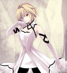  1girl ahoge arcueid_brunestud arcueid_brunestud_(clad_in_glacier) bare_shoulders blonde_hair breasts cleavage dress elbow_gloves gloves hair_intakes hair_ornament kaisaki official_alternate_costume pantyhose red_eyes short_hair sukiniyaru tsukihime tsukihime_(remake) upper_body white_dress white_gloves 