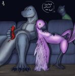 2024 absurd_res alien annoyed anus arxur_(the_nature_of_predators) avian beak bird bodily_fluids claws digital_drawing_(artwork) digital_media_(artwork) duo feathers furniture genital_fluids genitals glim_(the_nature_of_predators) grey_body hi_res knot knotted_penis krakotl_(the_nature_of_predators) living_room lizard lying lying_on_sofa male male/male mammal masturbation muscular night nude on_sofa penis pink_body precum public public_nudity reptile scales scalie smile sofa speech_bubble spines tail the_nature_of_predators united_patriots venlil_(the_nature_of_predators)