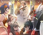  4boys 4girls adjusting_eyewear ahoge alternate_costume animal_ear_fluff animal_ears antenna_hair anton_ivanov belle_(zenless_zone_zero) billy_kid black_gloves black_hair blonde_hair blue_hair blush body_fur boutonniere burnice_white caesar_king_(zenless_zone_zero) cat_ears cat_girl cat_tail closed_eyes clothed_robot clothes_grab cocktail_glass collarbone commentary cup drawligator dress drinking_glass earrings eyewear_on_head falling_petals fingerless_gloves flower fluffy_tail from_side furry furry_female furry_with_non-furry gloves green_hair grey_hair grin hair_between_eyes hair_flower hair_ornament highres holding holding_cup holding_tissue humanoid_robot interspecies jewelry lighter_(zenless_zone_zero) multicolored_fur multicolored_hair multiple_boys multiple_girls necktie necktie_grab neckwear_grab open_mouth orange_dress parted_lips petals pulchra_fellini red-tinted_eyewear red_dress red_necktie red_scarf red_streaks robot robot_boy rose scarf sharp_teeth smile strapless strapless_dress streaked_hair suit sunglasses symbol-only_commentary tail tears teeth thumbs_up tinted_eyewear wedding wedding_dress white_dress white_flower white_hair white_rose white_suit wiping_tears wise_(zenless_zone_zero) yellow_fur zenless_zone_zero 