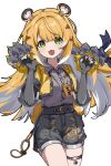  1girl absurdres animal_ear_fluff animal_ears bow colored_inner_hair cowboy_shot fake_claws fang green_eyes grey_shirt hands_up high-waist_shorts highres holding holding_weapon jacket ju_fufu multicolored_hair ningmeng_zizi open_mouth shirt shirt_tucked_in shorts simple_background solo sparkling_eyes striped_fur striped_hair tail tail_bow tail_ornament thigh_strap tiger_ears tiger_girl tiger_stripes tiger_tail weapon white_background yellow_jacket zenless_zone_zero 