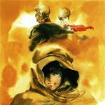  1girl 2boys amuro_ray blue_eyes cape closed_mouth crowley_hamon desert earth_federation_space_forces facial_hair gundam highres mecha military_uniform mobile_suit_gundam multiple_boys mustache non-web_source official_art ramba_ral retro_artstyle robot scan signature yasuhiko_yoshikazu zeon 