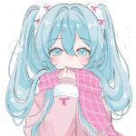  1girl aqua_eyes aqua_hair commentary enpera hand_up hatsune_miku highres ibispaint_(medium) long_hair long_sleeves looking_at_viewer pink_scarf plaid_clothes plaid_scarf scarf shiina_(user_ecjx4545) solo straight-on symbol-only_commentary twintails upper_body vocaloid 