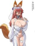  1girl animal_ear_fluff animal_ears averting_eyes bare_shoulders blush breasts bridal_veil censored closed_mouth commentary detached_sleeves donburi_(donburikazoku) dress english_commentary fate/grand_order fate_(series) floral_print flower fox_ears fox_tail hair_between_eyes highres lace_trim large_breasts long_hair mosaic_censoring navel orange_eyes pink_hair purple_flower pussy pussy_juice revealing_clothes sex_toy simple_background solo standing tail tamamo_no_mae_(fate) thigh_strap veil vibrator vibrator_cord vibrator_in_thigh_strap wedding_dress white_background white_dress white_flower 