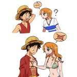  1boy 1girl ? abs absurdres arm_behind_head bare_shoulders bikini bikini_top_only black_hair breasts brown_eyes closed_mouth collarbone cross_scar earrings green_bikini hand_on_another's_chest hat highres jewelry long_hair looking_at_another medium_breasts monkey_d._luffy nami_(one_piece) navel one_piece open_clothes open_mouth open_shirt orange_hair parted_lips pearl_earrings red_shirt red_vest scar scar_on_cheek scar_on_chest scar_on_face shampowrado shirt short_hair short_sleeves shoulder_tattoo simple_background single_earring single_sidelock stomach straw_hat swimsuit tattoo upper_body v-neck vest wavy_hair white_background white_shirt 