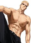  1boy abs absurdres arm_on_knee bara belt belt_buckle black_belt black_pants blonde_hair broad_shoulders buckle closed_mouth collarbone dated_commentary donquixote_doflamingo highres male_focus navel nipples one_piece pants pectorals shihoritsu short_hair simple_background sunglasses topless_male twitter_username ugly_bastard veins veiny_arms very_short_hair white_background 