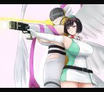  2girls angewomon arrow_(projectile) back-to-back bare_shoulders belt black_hair blonde_hair bodysuit breasts cosplay cowboy_shot digimon digimon_(creature) digimon_story:_time_stranger dress facial_hair gloves goggles goggles_on_head green_dress gun highres holding holding_arrow holding_gun holding_weapon large_breasts microdress multiple_girls naozuri prism_project purple_eyes rikudou_yura short_hair weapon white_bodysuit white_dress white_gloves yuuki_kanan yuuki_kanan_(cosplay) 
