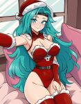  1girl aqua_eyeshadow aqua_lips aqua_nails armpits belt belt_buckle black_belt black_headband blue_eyes blue_hair blush bow bowtie breasts bridal_gauntlets buckle christmas cleavage closed_mouth commentary commission cowboy_shot english_commentary eyeshadow fingernails fur-trimmed_bridal_gauntlets fur-trimmed_headwear fur-trimmed_legwear fur-trimmed_leotard fur-trimmed_thighhighs fur_trim groin hand_on_own_leg hand_on_own_thigh hat headband highres indoors large_breasts leotard lipstick long_hair looking_at_viewer makeup nail_polish oninuer original red_bow red_bowtie red_bridal_gauntlets red_hat red_leotard red_thighhighs santa_hat selfie sitting smile solo thighhighs window 
