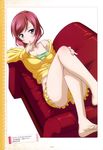  absurdres barefoot breasts cleavage collarbone couch green_shirt highres jacket long_hair looking_at_viewer love_live! love_live!_school_idol_project lying marugoshi_teppei medium_breasts nishikino_maki official_art on_back purple_eyes red_hair shirt shorts solo yellow_jacket yellow_shorts zipper 