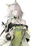  1girl animal_ear_fluff animal_ears arknights bare_shoulders black_choker black_collar breasts c0ff1n3 cat_ears cat_girl choker coat collar detached_collar dress green_dress green_eyes green_hair grey_hair hair_between_eyes hair_intakes highres kal'tsit_(arknights) long_sleeves looking_at_viewer medium_hair off-shoulder_dress off_shoulder open_clothes open_coat parted_lips simple_background solo stethoscope upper_body watch white_background white_coat white_hair wristwatch 