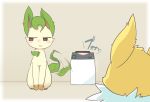  3sthrees eeveelution fur jolteon leafeon nintendo pok&eacute;mon pok&eacute;mon_(species) simple_background tagme tailwag text translation_request video_games yellow_fur 