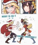  2girls absurdres black_hair blonde_hair blue_eyes boots bracelet breasts brown_hair capelet carole_reaper china_dress chinese_clothes chinese_text christmas dress english_text facial_hair fake_facial_hair fake_mustache fur_trim glasses hat heaven_burns_red highres holding holding_sack jewelry li_yingxia long_hair meme merry_christmas midriff multiple_girls mustache pantyhose red_capelet red_dress ribbon sack sail_678 santa_costume santa_hat skirt smile snowball sweat thighhighs 