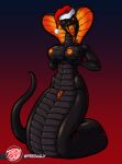 anthro apode big_breasts black_body breasts christmas christmas_clothing christmas_headwear claws cleavage clothed clothing cobra countershade_torso countershading draconcopode fangs fangs_bared female finger_claws forked_tongue genitals glowing glowing_eyes glowing_genitalia glowing_hood glowing_mouth glowing_nipples glowing_nostrils glowing_vulva grey_underbelly hat headgear headwear hi_res holding_breast holidays iona_voss legless nipples non-mammal_breasts non-mammal_nipples orange_glow orange_hood predaguy reptile rim_lighting santa_hat scalie serpentine snake snake_hood solo tail teeth thick_tail tongue vulva wide_hips