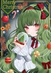  1girl absurdres apple bow bowtie candy candy_cane christmas closed_mouth food frilled_sleeves frills fruit gingerbread_man green_bow green_hair hair_bow hair_ornament hairband highres holding holding_snow_globe ibispaint_(medium) light_blush long_hair looking_at_viewer merry_christmas original red_bow red_bowtie red_eyes red_hairband red_nails shiina_(user_ecjx4545) shirt smile snow_globe solo spruce upper_body white_shirt 