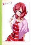  absurdres collarbone dress hair_twirling highres jacket long_hair love_live! love_live!_school_idol_project marugoshi_teppei nishikino_maki official_art open_clothes open_jacket pink_jacket purple_eyes red_dress red_hair smile solo 