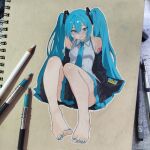  1girl aqua_eyes aqua_hair aqua_nails aqua_necktie ashwin_artss bare_legs barefoot black_skirt blue_eyes blush breasts collared_shirt detached_sleeves double-parted_bangs feet full_body grey_shirt hair_between_eyes hatsune_miku highres knees_up long_hair looking_at_viewer nail_polish necktie pencil photoshop_(medium) pleated_skirt shirt sitting skirt sleeveless sleeveless_shirt small_breasts smile solo toenail_polish toenails toes traditional_media twintails very_long_hair vocaloid 