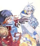  2boys absurdres antenna_hair beanie blonde_hair blue_eyes blue_scarf braid chinese_commentary coat commentary_request earmuffs facial_tattoo fur-trimmed_jacket fur_trim gradient_hair hat highres holding holding_snowball honkai:_star_rail honkai_(series) jacket male_focus medium_hair multicolored_hair multiple_boys mydei_(honkai:_star_rail) parted_bangs phainon_(honkai:_star_rail) red_hair red_jacket red_tattoo scarf short_hair side_braid simple_background snowball snowball_fight tattoo white_background white_coat white_hair winter_clothes winter_coat yellow_eyes yinghuacanluo 
