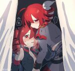  ... 2girls ^^^ black_shirt blush breath commentary curtains detached_sleeves drill_hair dual_persona grey_shirt grey_skirt highres kasane_teto kasane_teto_(sv) kasane_teto_(utau) looking_at_viewer multiple_girls open_clothes open_shirt parted_lips red_eyes red_hair salice_c selfcest shirt skirt sleeveless sleeveless_shirt spoken_ellipsis sweat translation_request twin_drills utau yuri 