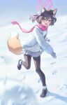  1girl :d absurdres alternate_costume animal_ear_fluff animal_ears black_hair black_pantyhose black_shoes blue_archive blurry commentary_request depth_of_field extra_ears eyeshadow fang fox_ears fox_girl fox_hair_ornament fox_tail fu_shang full_body hair_between_eyes hair_ornament halo highres hood hooded_jacket izuna_(blue_archive) jacket long_sleeves looking_at_viewer makeup medium_hair miniskirt mittens one_side_up open_clothes open_jacket outdoors pantyhose pleated_skirt pom_pom_(clothes) pom_pom_hair_ornament red_eyeshadow red_halo red_scarf scarf shoes skin_fang skirt smile snow snowball solo standing standing_on_one_leg sweater tail throwing turtleneck turtleneck_sweater white_jacket white_mittens white_skirt white_sweater yellow_eyes 