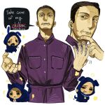  4boys black_eyes blush brown_hair cat_boy chibi cosplay cultist_1_(no_i'm_not_a_human) cultist_2_(no_i'm_not_a_human) cultist_3_(no_i'm_not_a_human) death_cult_leader_(no_i'm_not_a_human) dog_boy english_commentary english_text finger_to_own_chin highres jacket kigurumi lnyunzhn1 looking_at_viewer male_focus multiple_boys no_i'm_not_a_human open_mouth purple_jacket rabbit_boy teeth tongue tongue_out upper_body upper_teeth_only white_background 