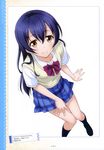  absurdres black_legwear blue_hair blue_skirt brown_eyes collarbone eyebrows_visible_through_hair from_above highres long_hair love_live! love_live!_school_idol_project marugoshi_teppei otonokizaka_school_uniform pleated_skirt school_uniform skirt smile solo sonoda_umi 