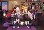  4girls alternate_costume alternate_hair_length alternate_hairstyle animal_ears asymmetrical_hair barefoot black_hair black_pants black_skirt blake_belladonna blonde_hair blue_eyes book bottle bracelet casual cat_ears cat_girl collared_shirt commentary commission couch cup disposable_cup drinking_straw english_commentary english_text eraser eyelashes fanfiction_available feet grey_eyes grey_shirt guitar_case hand_on_another's_arm hand_on_another's_shoulder highres holding holding_book indoors instrument_case jewelry lie_ren long_hair mechanical_arms multiple_girls no_shoes nora_valkyrie notebook on_couch open_book pants pencil penny_polendina photo_(object) picture_frame plastic-pipes prosthesis prosthetic_arm purple_eyes purple_thighhighs pyrrha_nikos qrow_branwen rainbow_flag rainbow_flag_print raven_branwen red_hair ruby_rose rwby scar scar_across_eye scar_on_face scroll_(rwby) shelf shirt sidecut single_mechanical_arm sitting skirt sleeveless sleeveless_shirt smile speaker summer_rose taiyang_xiao_long thighhighs toenails toes trophy tumblr_username undercut web_address weiss_schnee white_shirt yang_xiao_long yellow_eyes 