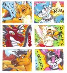 2008 ambiguous_form ambiguous_gender anthro avian beak black_collar black_eyebrows black_hair black_horn black_mane black_spikes black_text blondefoxy blue_body blue_fur blue_hair blush bobtail_cat brown_body brown_eyes brown_feathers brown_fur buckteeth canid canine character_badge_(artwork) character_name cheek_spikes collar domestic_cat dragon equid equine european_mythology eyebrow_spikes eyebrows eyelashes facial_spikes feathers felid feline felis feral fox fur green_eyes grin gryphon hair hair_over_eye horn horse japanese_bobtail kerchief lagomorph leporid looking_at_viewer mammal mane marker_(artwork) membrane_(anatomy) membranous_wings multiple_images mythological_avian mythological_creature mythological_scalie mythology neckerchief neckwear nose_spike open_beak open_mouth orange_body orange_fur pen_(artwork) pink_blush pink_body pink_fur pink_nose pink_tongue ponytail rabbit red_body red_eyes red_fox red_kerchief red_neckerchief red_scales scales scalie shaded short_hair smile smile_lines snout solo spiked_collar spikes spikes_(anatomy) tail teeth text tongue traditional_media_(artwork) true_fox western_dragon wheat_in_mouth whisker_spots whiskers white_body white_feathers white_fur white_scales white_spikes wings yellow_beak yellow_sclera