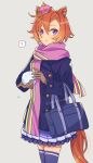  ! 1girl animal_ears bag blue_coat blush brown_gloves buttons coat crown double-breasted ear_ornament gloves hair_between_eyes highres holding holding_snowball horse_ears horse_girl horse_tail long_sleeves looking_at_viewer mini_crown nnmkmwakaranai orange_hair orange_tail parted_lips pink_crown pink_scarf purple_eyes purple_serafuku purple_skirt purple_thighhighs scarf school_bag school_uniform serafuku short_hair simple_background skirt snowball solo speech_bubble spoken_exclamation_mark t.m._opera_o_(umamusume) tail thighhighs tracen_school_uniform tracen_winter_coat umamusume winter_clothes winter_coat winter_uniform 