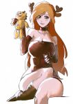  1girl animal_costume antlers bare_shoulders bleach breasts brown_choker brown_eyes brown_gloves brown_hair brown_leotard brown_socks choker cleavage collarbone elbow_gloves fake_antlers gloves highres holding holding_stuffed_toy horns inoue_orihime itsalpha kon_(bleach) large_breasts leotard light_blush long_hair reindeer_antlers reindeer_costume sitting socks solo stuffed_animal stuffed_lion stuffed_toy white_background 